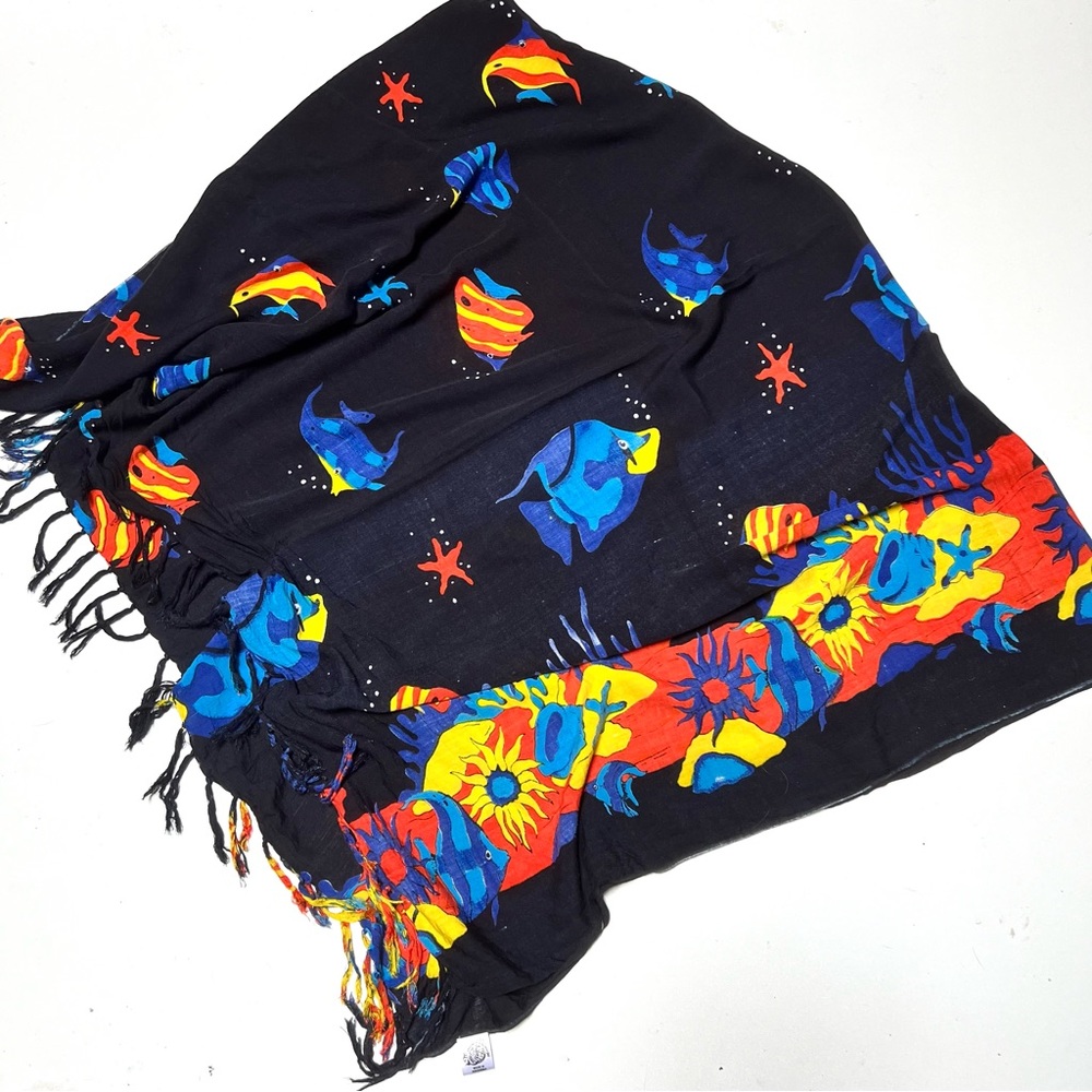 Maiden Voyage Batik Rayon Black w Multicolor Tropical Fish Tapestry Scarf